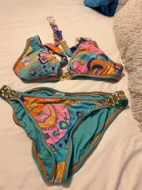 Trina Turk Turquoise, Pink & Orange Floral Halter Bikini